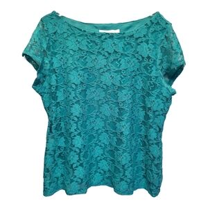 Fever Teal Cap Sleeve Lace Design Blouse - Size XXL